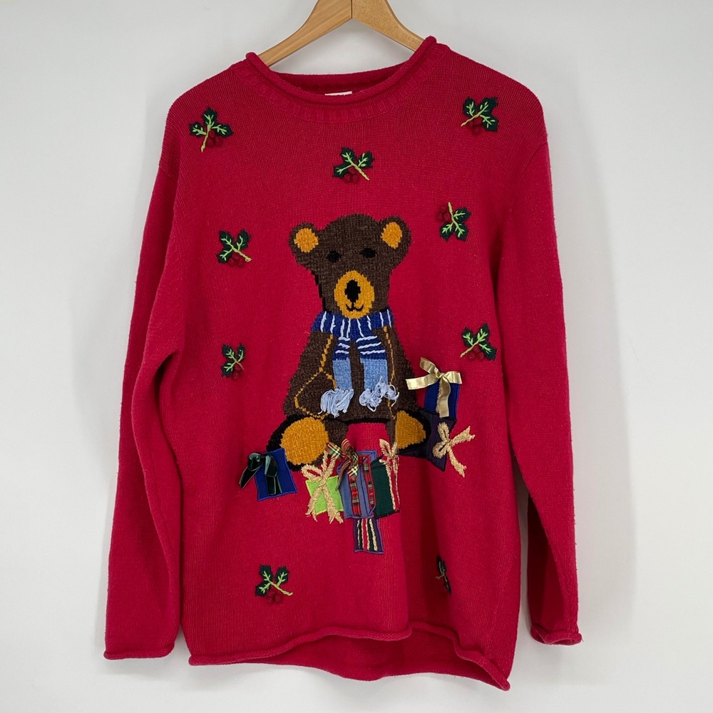 Cherokee Red Teddy Bear Christmas Holiday Present Sweater Womens XL Uique‎